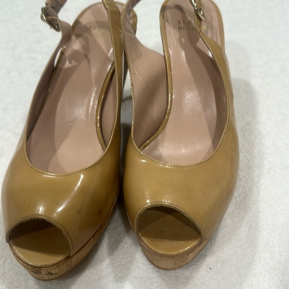 Stuart Weitzman Riviera Tan Patent Leather Peep Toe Sling Back Cork Wedges 9.5 - Picture 3 of 12